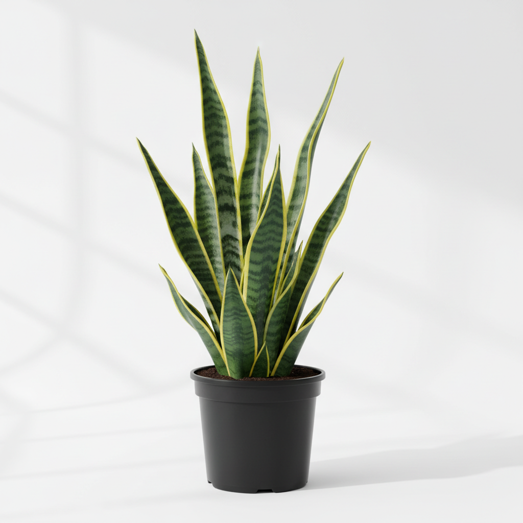 Dracaena Trifasciata Snake Plant with upright sword-shaped dark green banded leaves with yellow edges in a 4 inch nursery pot