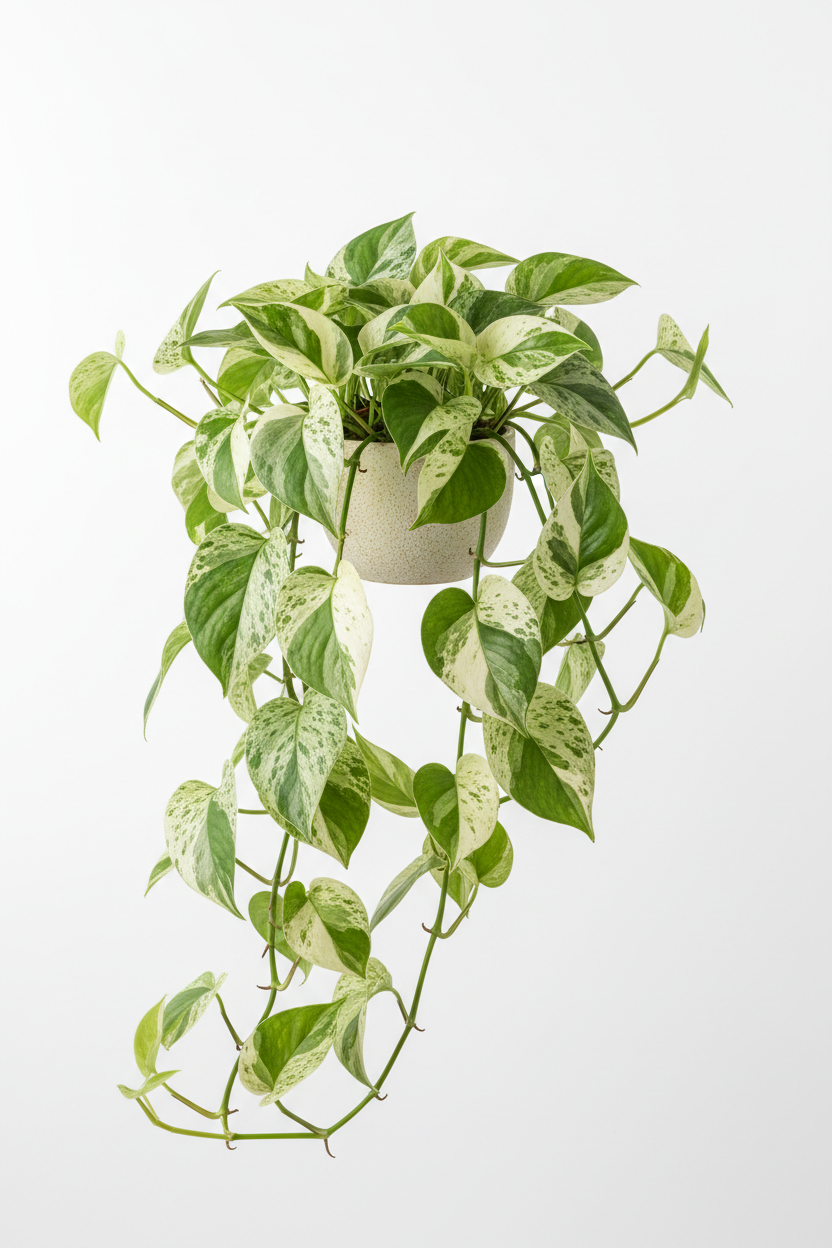 Manjula Pothos trailing vines with creamy white and green variegated leaves in 4 inch pot