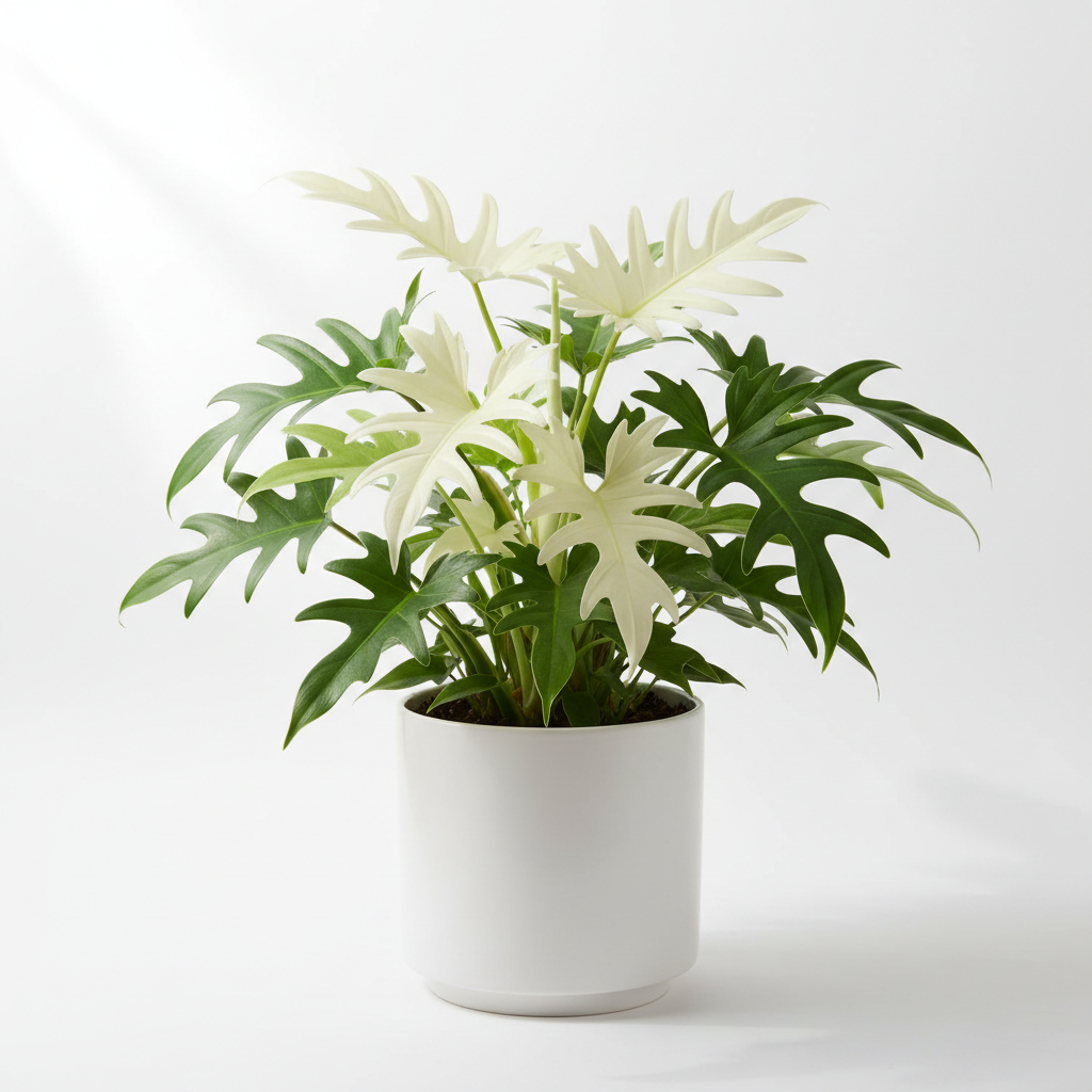 Florida Ghost Philodendron with pale white new leaves and deep green mature lobed foliage in a modern white pot