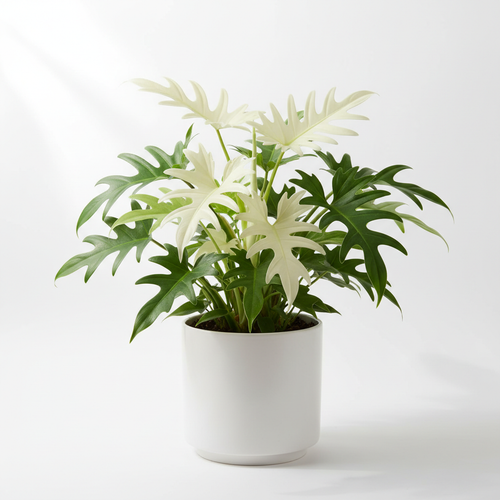 Florida Ghost Philodendron with pale white new leaves and deep green mature lobed foliage in a modern white pot