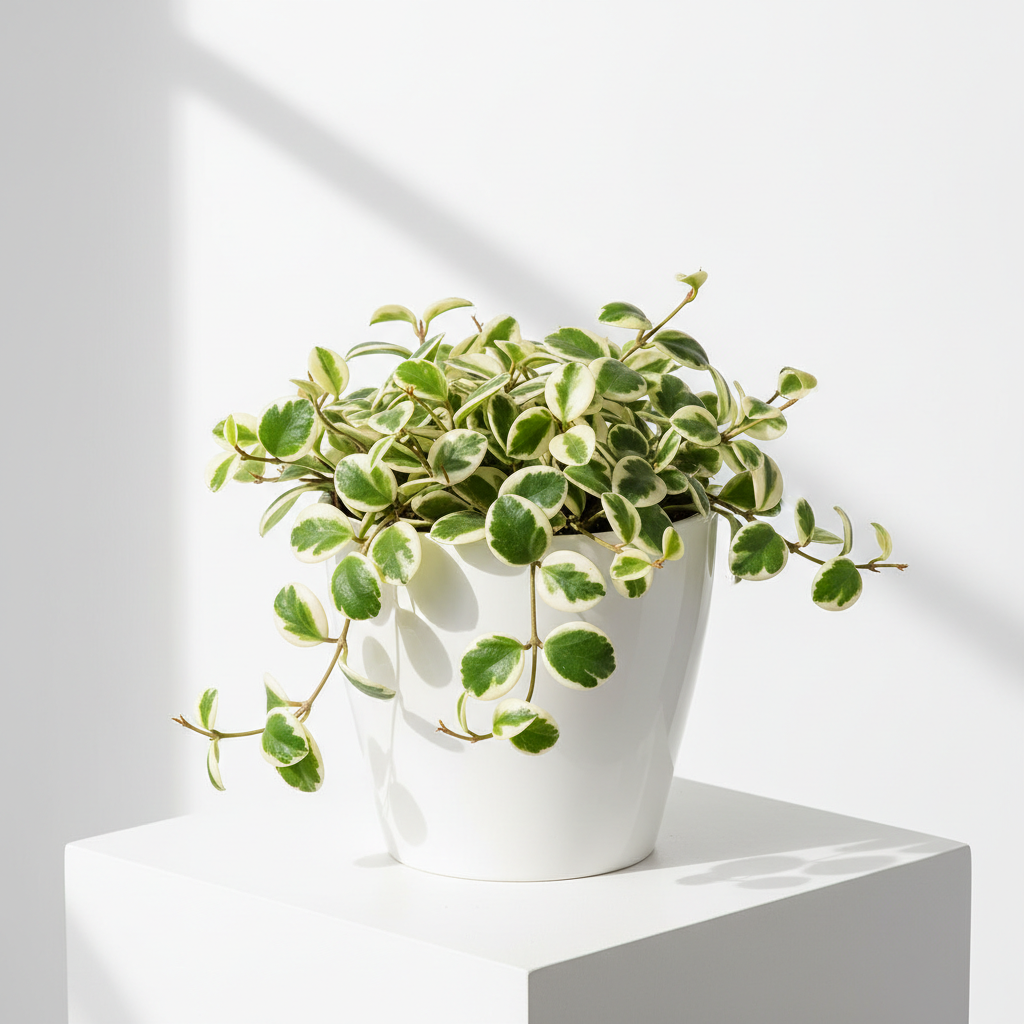 Hoya Sea Stone Variegated with creamy white and green variegated round waxy leaves in a modern white pot