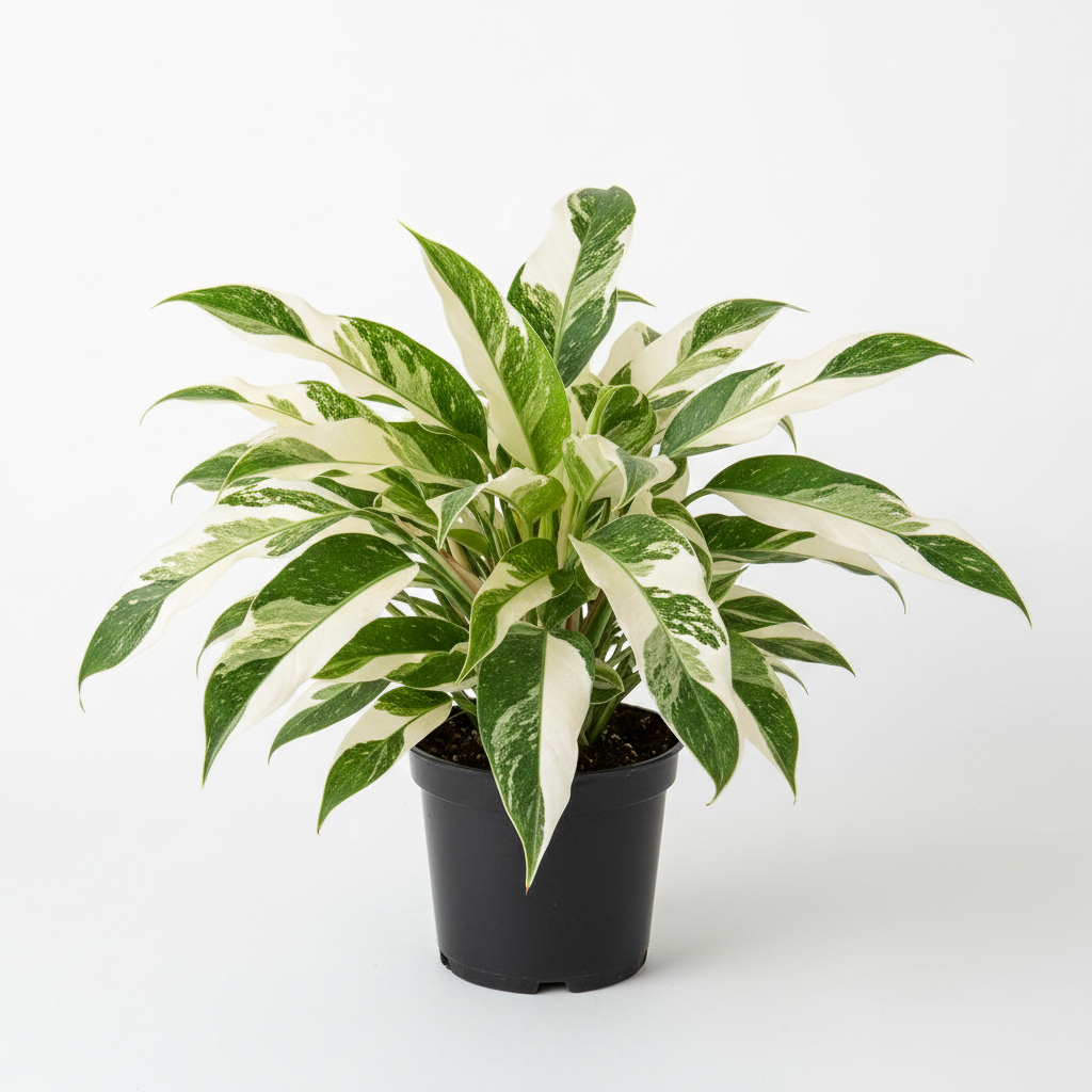 Philodendron Jose Buono with large creamy white and green variegated leaves in a 4 inch nursery pot